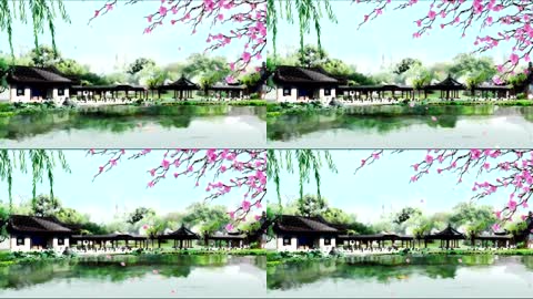 中国风格水墨庭院湖水