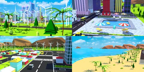 3D航拍卡通绿色能源智慧滨海城市