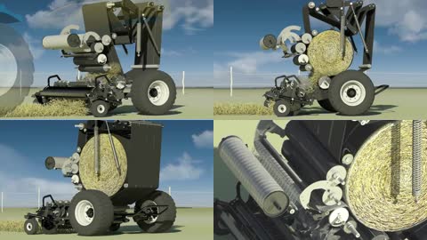 3D农业机械自动收草卷草机工作原理