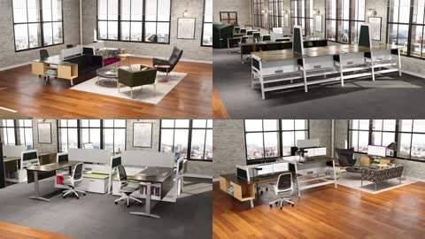 3D现代办公室设计布置家具动画