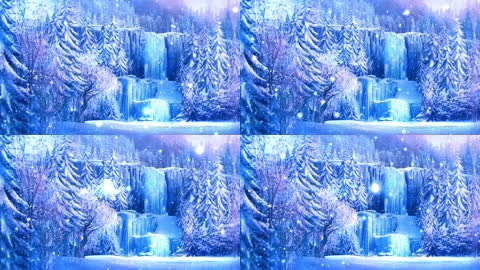 奇幻冰雪世界梦幻森林冰瀑布雪粒子飘浮唯美画面舞台LED背景视频素材