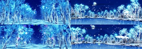 奇幻冰雪世界雪花飘落松树月色荷塘光效蝴蝶飞舞高清LED背景视频素材
