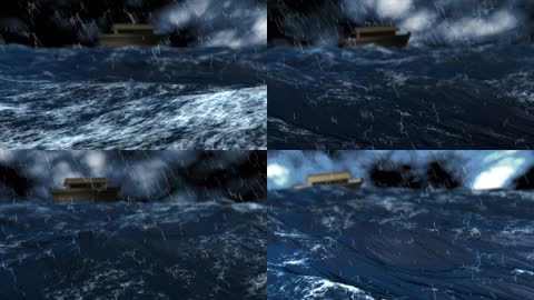 下雨天雷电交加海上航行小船海水汹涌荡漾视觉效果LED背景视频素材