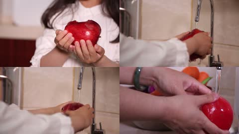 小孩子苹果 洗苹果 洗蔬菜实拍视频