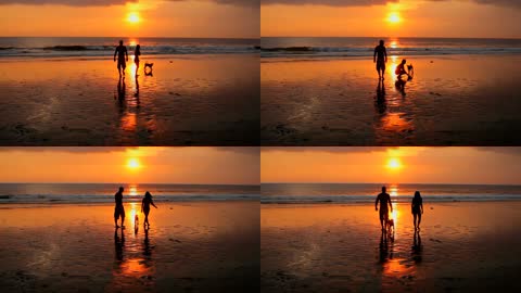 情侣夕阳海边散步