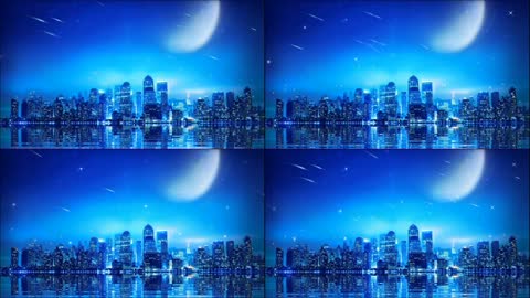 蓝色唯美月光流星雨城市夜景