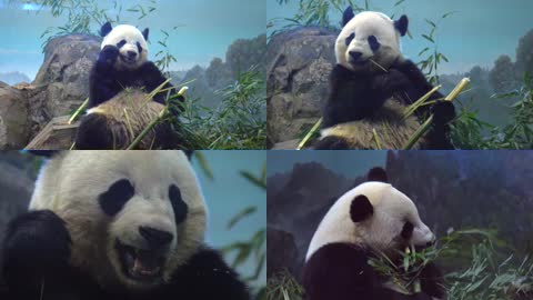 可爱熊猫吃竹子实拍