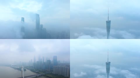 4K实景云雾中看广州塔城市景观
