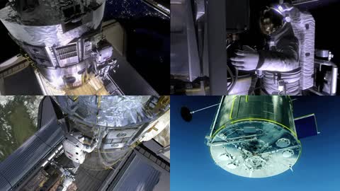 虚拟科技宇宙太空舱宇航员工作维修人造卫星场景动画视频素材