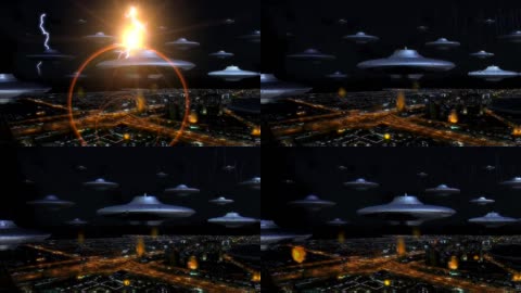 虚拟下雨天闪电外星人飞碟入侵地球城市儿童科幻场景LED背景视频素材