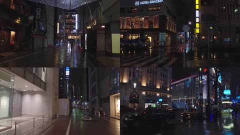 日本东京银座商业街夜景雨天漫步