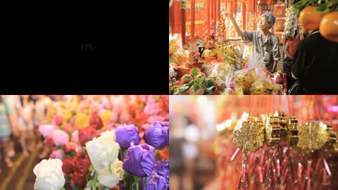 新年唐人街红色喜庆的灯笼年画购物场景实拍