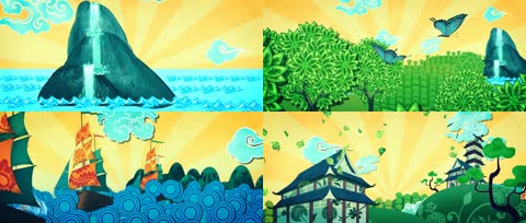 中国风二维图案动画唯美帆船山水建筑景色典雅背景视频素材