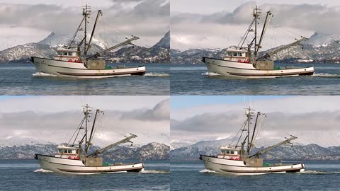 渔船海上打渔钓鱼实拍视频