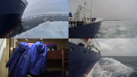 南极科考船只破冰前行