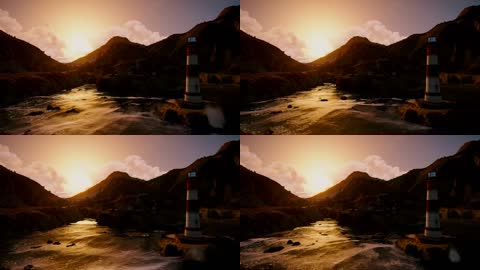 夕阳海岛海浪灯塔