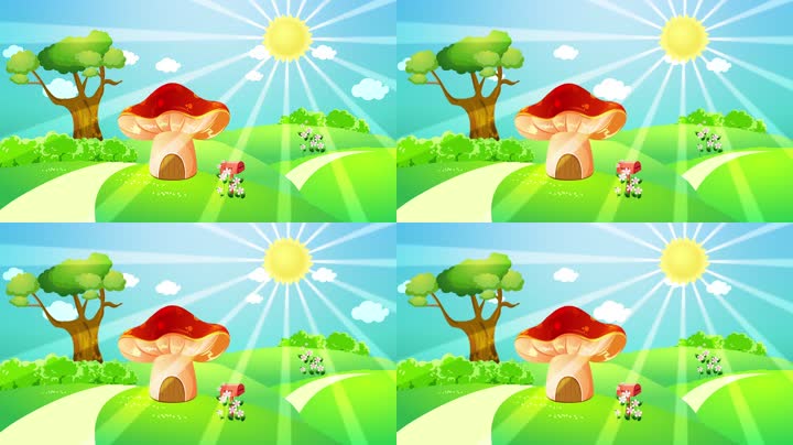 卡通阳光蘑菇屋风景（循环）