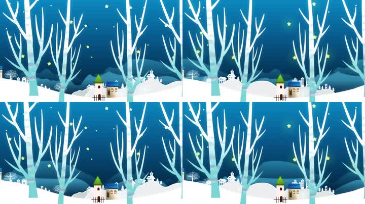 卡通冬天雪景树林村庄（循环）