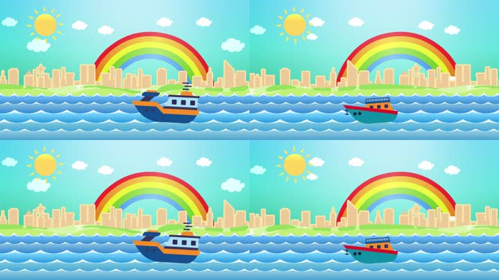 卡通海洋轮船城市彩虹背景（循环）