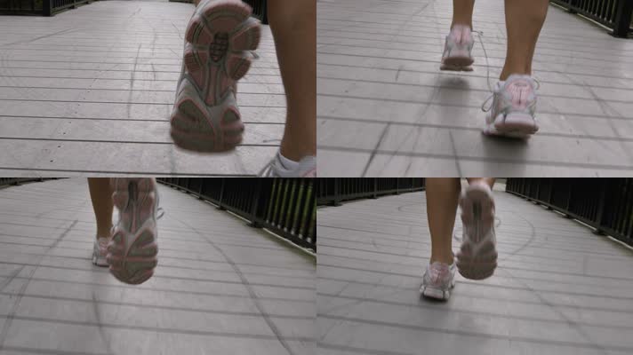 穿运动鞋女孩慢跑步脚步特写镜头晨练运动实拍