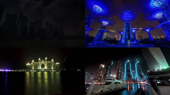 新加坡迪拜繁华城市夜景车流通用素材