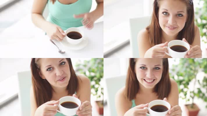 年轻女孩喝咖啡