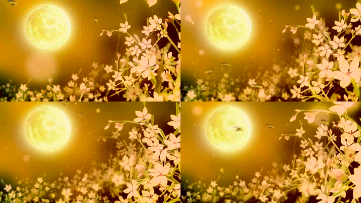 金色月光下花朵蝴蝶