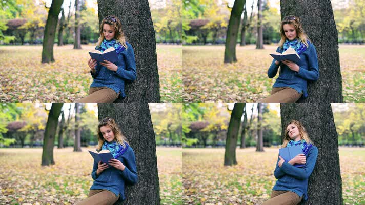 校园女孩靠着大树看书
