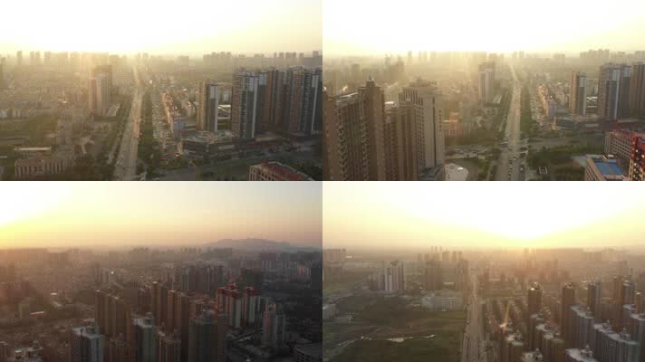 4K一组夕阳光照城市航拍