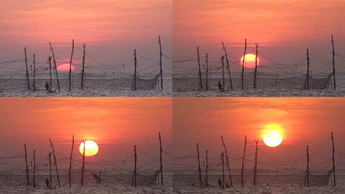 夕阳日落海面渔网养殖捕鱼