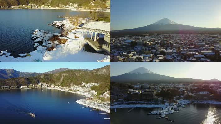 航拍日本富士山下湖畔风光