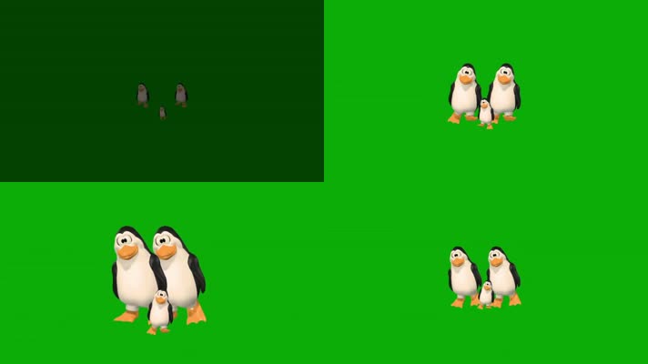 绿屏三维企鹅一家三口散步抠像素材