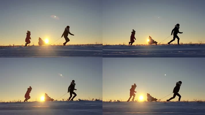 雪地玩耍 雪地奔跑 雪橇  
