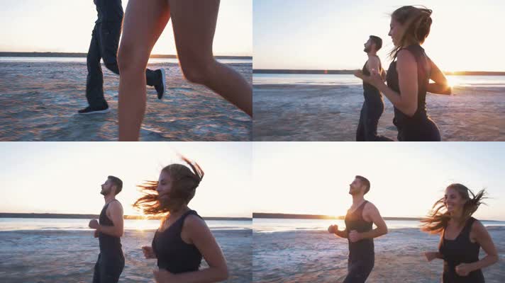 情侣海边 跑步 锻炼 正能量  