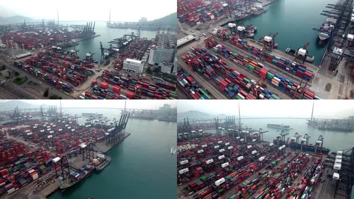 4K航拍繁忙的货运港口码头货柜集装箱吊塔