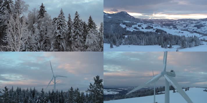 4K航拍雪山森林新能源风车
