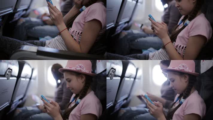 小女孩 坐飞机 旅行 使用手机  