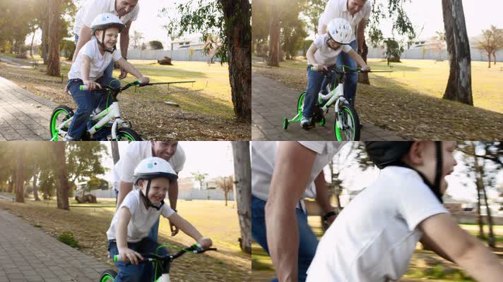 父亲 戴头盔 小孩学骑自行车 