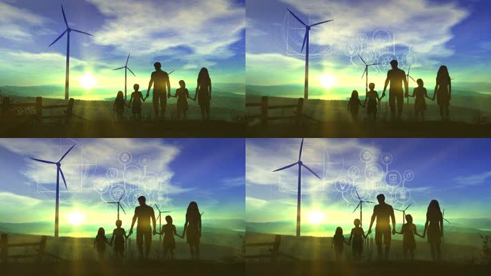 一家人看风车 风力发电 