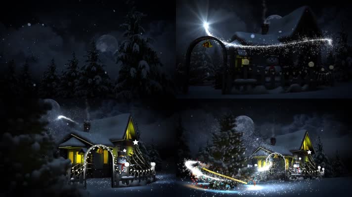 唯美圣诞节平安夜雪花飘落小屋圣诞树缠绕片