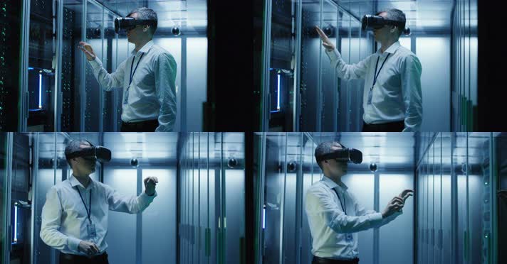 VR体验 工程师戴VR眼镜 网络机房 