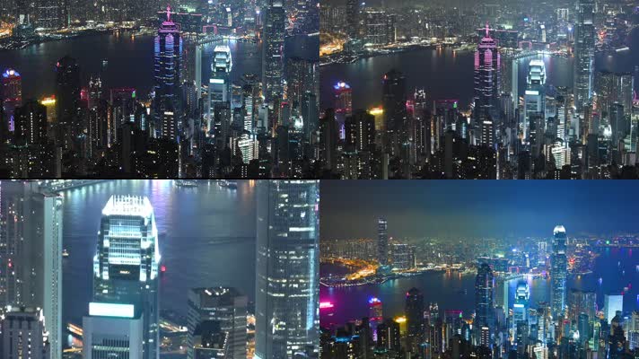 4k航拍香港太平山山顶视野下繁华海滨港湾夜