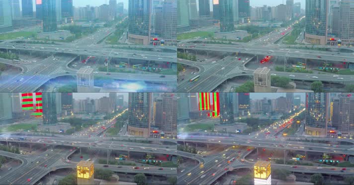 4k航拍北京繁华CBD高架路口车流黄昏到日落