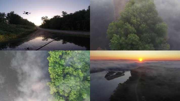4k航拍清晨唯美意境的迷雾森林云海日出