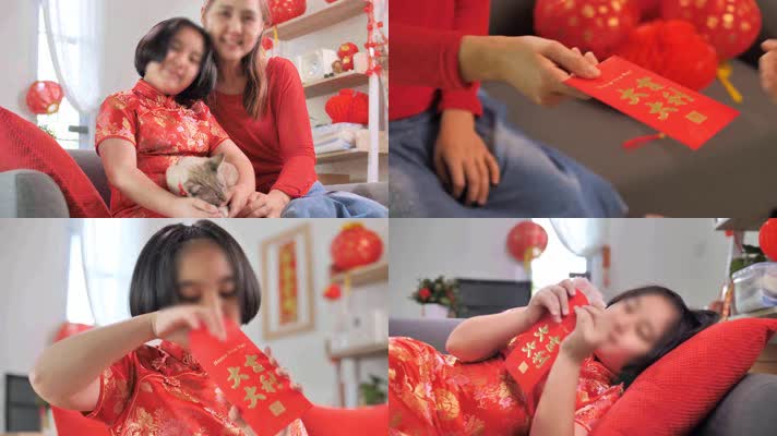 4K春节女孩收红包压岁钱数钱自拍视频聊天