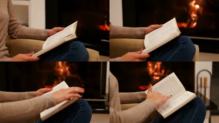 看书 阅读 壁炉 火堆 燃烧  