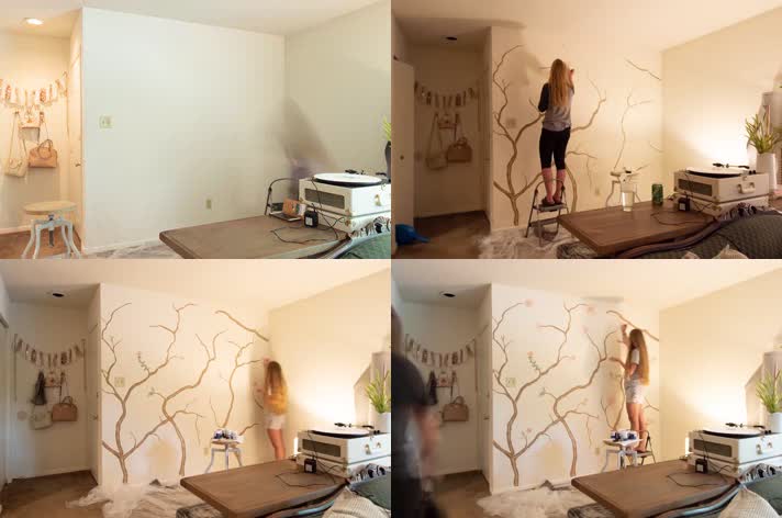 4k文艺女青年在家中墙上涂鸦绘画创作
