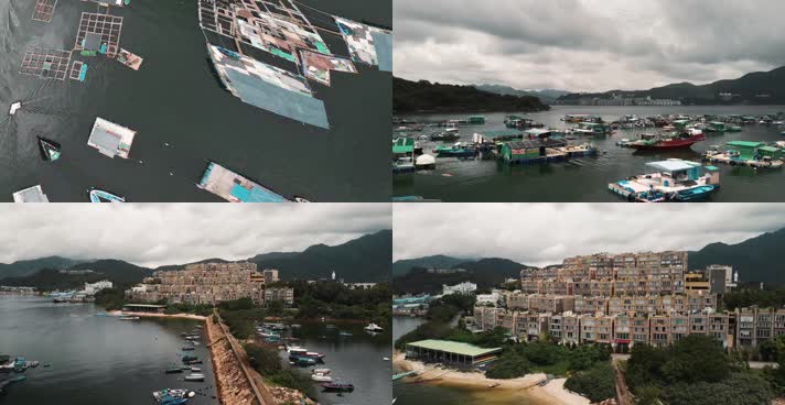 4k航拍香港大澳海湾游船码头建筑民房水上棚
