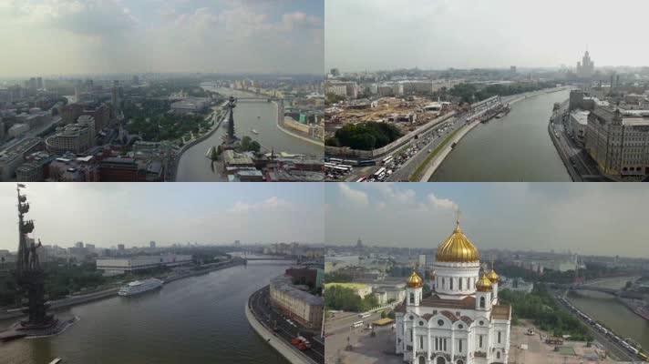 4k航拍俄罗斯首都莫斯科城市交通建筑楼宇江