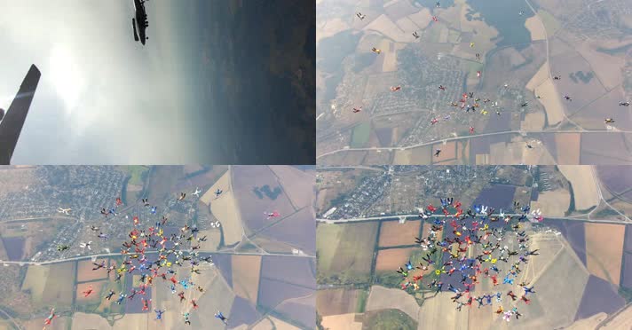 4k航拍极限高空多人跳伞自由落体实拍素材